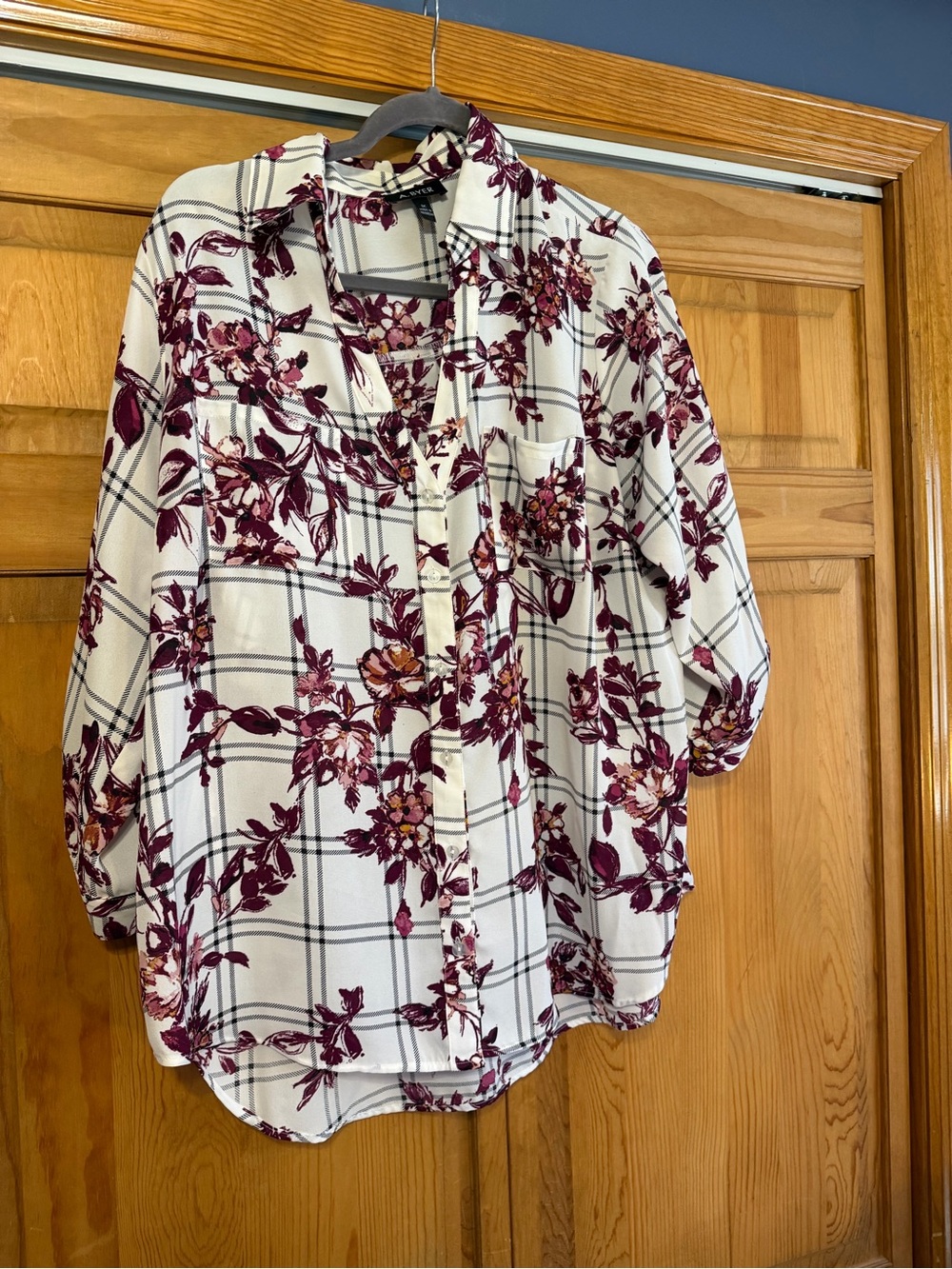 A. Byer Cream Button-Down Shirt with Burgundy Floral Plaid